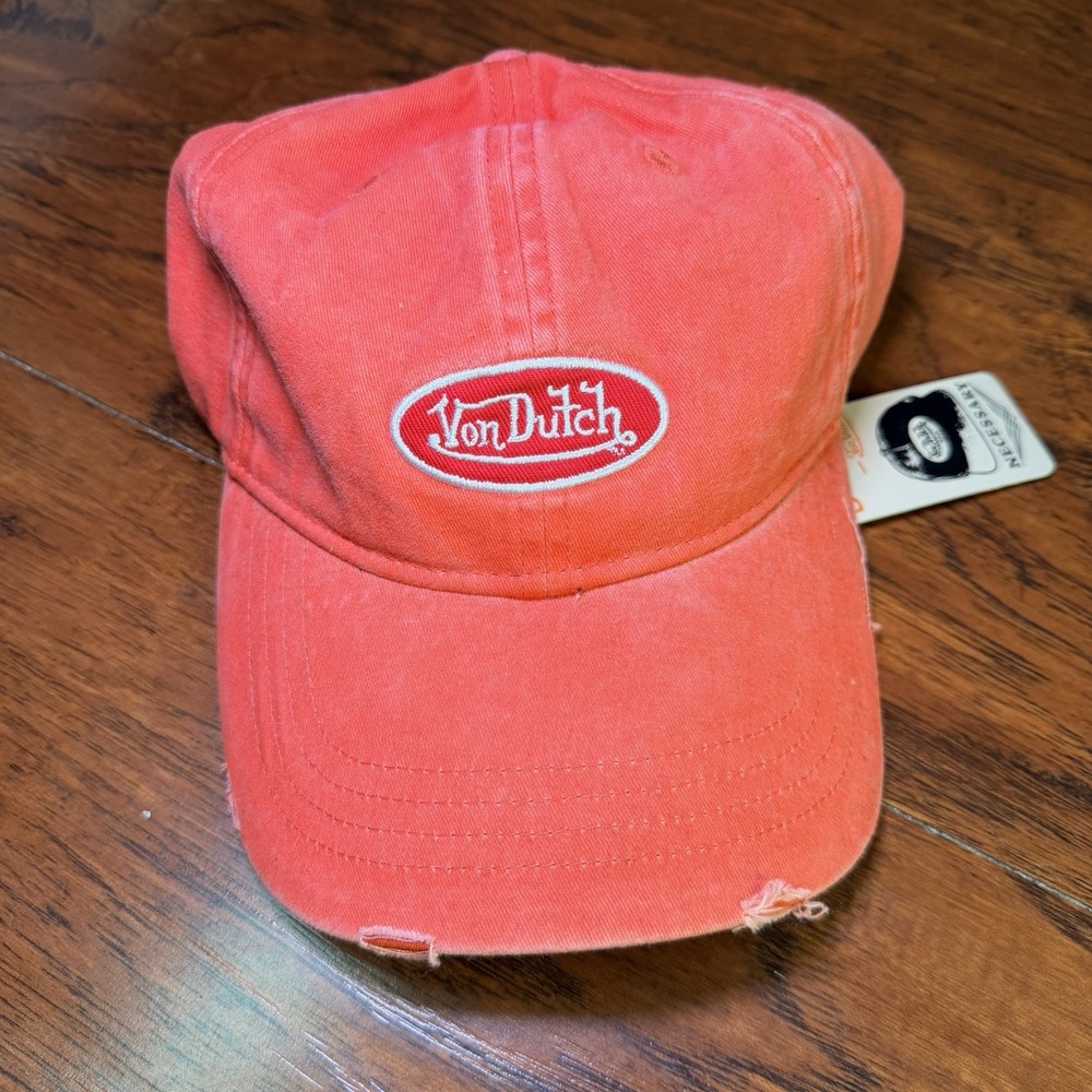 Von Dutch Distressed Denim Adjustable Dad Cap in Orange